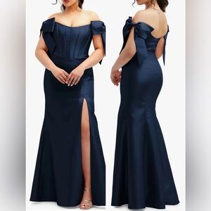 NEW ALFRED SUNG Off the Shoulder Bow Corset Satin Trumpet midnight navy Gown 14
